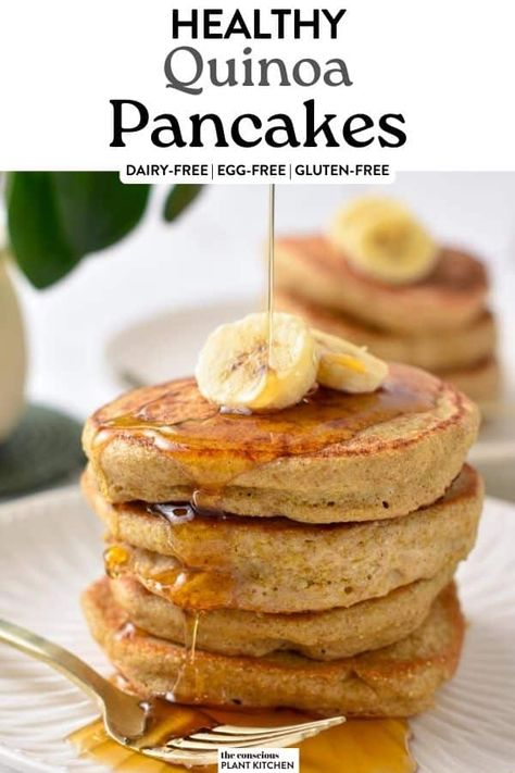 These quinoa pancakes are light, fluffy vegan pancakes made from uncooked quinoa. It's the easiest healthy pancake recipe for a vegan gluten-free breakfast naturally packed with proteins from quinoa. Gut Healthy Pancakes, Flax Seed Pancakes Easy, Light Vegan Breakfast, On The Go Vegan Breakfast, Vegan Breakfast Quinoa, Quinoa Rice Pudding, Overnight Oatmeal Pancakes, Gf Vegan Pancakes, Vegan Breakfast Ideas High Protein