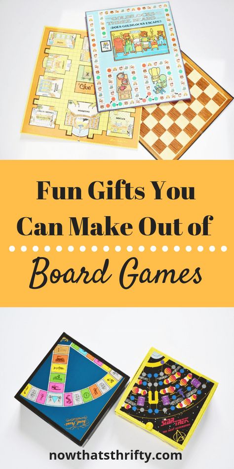 Are you looking for some fun diy gifts this year? Make these unique gifts out of old board games. #diygifts #handmade #christmas #christmasgifts #giftideas Repurpose Board Games, Board Game Upcycle, Board Game Art Projects, Game Gift Basket Ideas, Game Gift Basket, Diy Board Games For Adults, Monopoly Crafts, Diy Game Board, Cheap Holiday Gifts