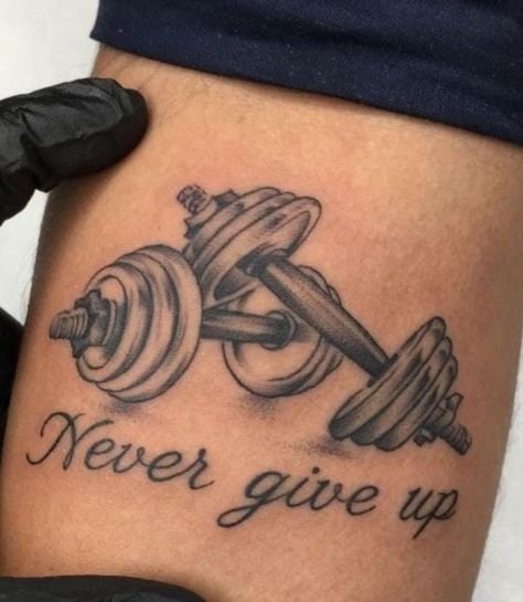 Body Builder Tattoo, Gym Tattoo Design, Workout Tattoos For Women, Barbell Tattoo Ideas For Women, Barbell Tattoos, Dumbell Tattoo, Buddah Sleeve Tattoo, Barbell Tattoo, Gym Tattoo Ideas