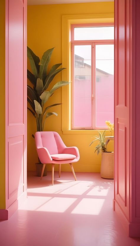 #maximalistdecor #interiordesign #homedecor #decorideas #transformyourspace #colorfulhome #bohemianstyle #eclecticdecor #designinspiration #boredpanda Pink Home Office Ideas Modern, Pink And Orange Living Room Ideas, Neon Wall Paint, Yellow And Pink Room, Pink And Yellow Living Room, Pink And Yellow Room, Yellow Interior Design, Electric Colors, Colorful Walls