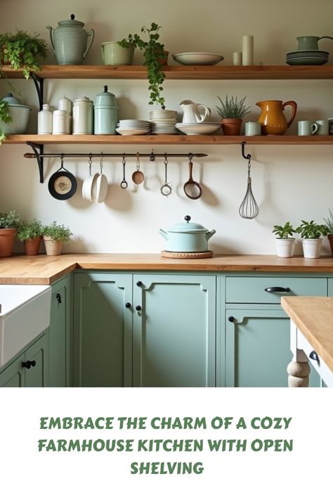 Discover the beauty and functionality of a cottage-style farmhouse kitchen featuring open shelving. This aesthetic combines rustic elements with modern simplicity, creating an inviting space perfect for cooking and gathering. Explore decor ideas, color schemes, and organizational tips to make your kitchen feel warm and lived-in, while highlighting your favorite dishware and decor on open shelves! Shelves Above Stove Kitchen, Exposed Shelves Kitchen, Decor Above Kitchen Sink, Farmhouse Kitchen With Open Shelving, Farmhouse Kitchen Floating Shelves, Small Kitchen Open Shelving, Open Kitchen Shelving Ideas, Open Kitchen Shelves Decor, Warm Cozy Kitchen