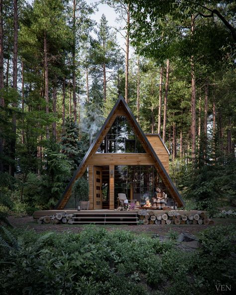 Triangle House, Chalet Design, A Frame House Plans, Forest Cabin, Frame Cabin, A Frame Cabin, A Frame House, Tiny House Cabin, Small Cabin