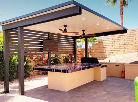 Steel Patio Cover, Canteliver Pergola, Pergola On Decking, Cantilever Patio Cover, Outdoor Kitchen Cover Ideas, Outdoor Kitchen Roofing Ideas, Aluminum Pergola Patio Ideas, Modern Covered Patio Ideas, Pergola Cantilever