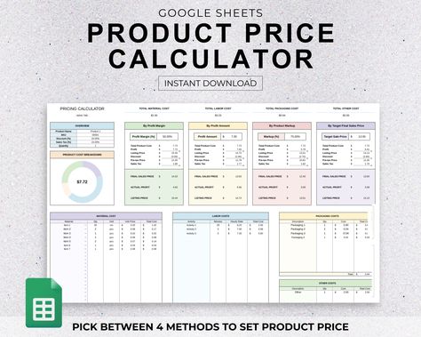 Thank you for taking an interest in our digital Product Price Calculator. This price calculator makes setting product prices simple and easy. Enter your product costs and other information such as discounts and sales tax percentages that would be applied to your product. Then decide on your product price using using 4 methods of calculations - profit margin  profit amount, markup  and final sale price. These calculations are auto generated and detailed. The product price calculator is brilliant Small Business Spreadsheet, Business Spreadsheet, Fiance Card, Editable Birthday Cards, Price Calculator, Second Brain, Profit Margin, Pricing Calculator, Business Guide