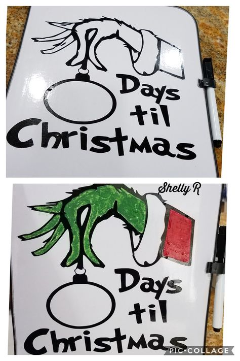 countdown until Christmas.   dry erase board bought at dollar tree. used the cricut to cut the design.  painted with acrylic paint. Whiteboard Christmas Countdown, Christmas Marker Board Ideas, Christmas Drawing On Whiteboard, December White Board Art, Christmas White Board Calendar, Christmas Board Ideas For Work, Drawing Ideas On White Board, Christmas Dry Erase Board Drawings, Christmas Whiteboard Calendar Ideas