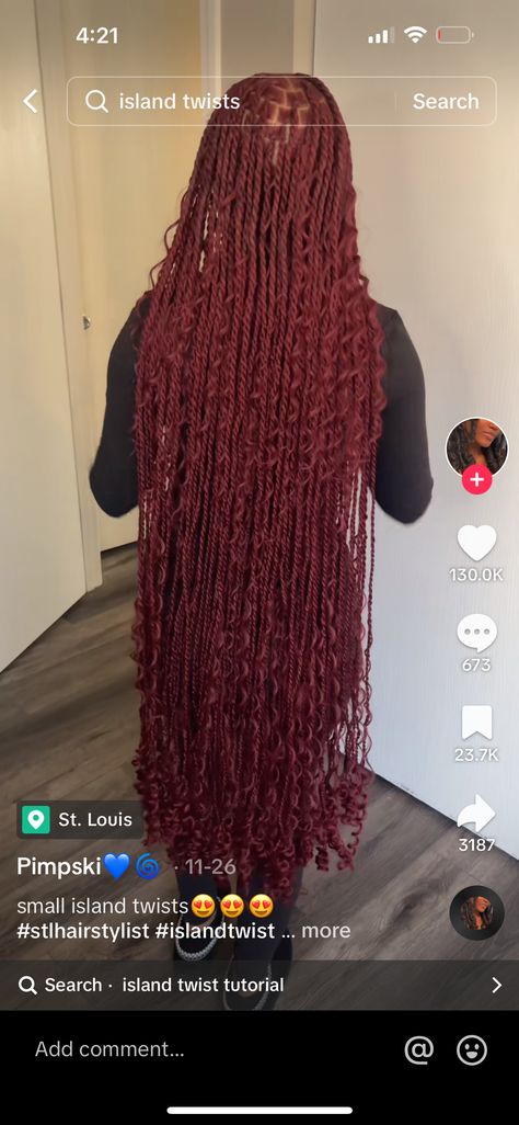 Maroon Goddess Braids, Burgundy Twist Braids, Red Island Twist With Curls, Burgundy Island Twist With Curls, Burgundy Island Twist, Maroon Braids With Curls, Island Twists With Curls, Long Island Twist, Red Island Twist