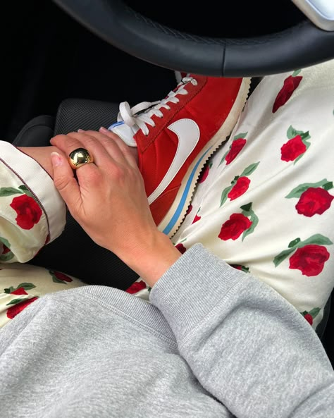 Bye bye July 🍒🧡🪩🍓🫧 Shoe Pics Instagram, Nike Cortez Red, Nike Cortez Outfit, Shoe Pics, Pants Boots, Girly Aesthetic, Red Nike, Shoe Inspo, Food Fashion