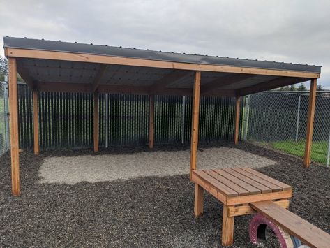 Lean To Dog Shelter, Shaded Area For Dogs, Dog Run With Roof, Diy Dog Shade Outdoors, Dog Sanctuary Ideas, Dog Shade Ideas Backyards, Dog Shelter Ideas Outdoor, Dog Shelter Ideas, Dog Daycare Ideas