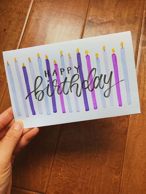 Brush Lettering Birthday Card, Lavender Birthday Card Ideas, Diy Watercolor Birthday Cards Simple, Super Easy Birthday Cards, Happy Birthday Hand Lettering Card, Birthday Card Ideas For Friends Handmade Easy, Brush Pen Birthday Card, Candle Birthday Card, Hand Lettering Birthday Card