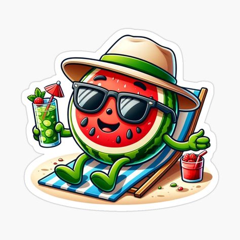 Get my art printed on awesome products. Support me at Redbubble #RBandME: https://www.redbubble.com/i/sticker/Relaxing-Watermelon-Sipping-a-Mojito-on-the-Beach-Illustration-by-vk09/159095194.EJUG5?asc=u Watermelon Clipart, Watermelon Cartoon, Watermelon Illustration, Food Vector, Cartoon Coloring, Drink Stickers, Wallpaper Photo Gallery, Beach Illustration, Wallpaper Photo