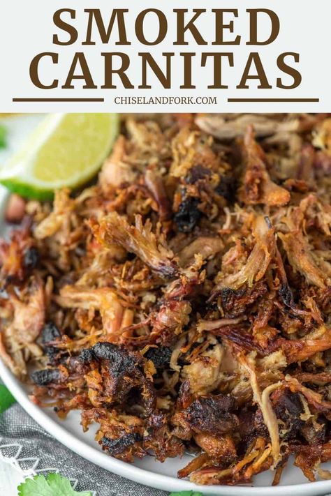 While not traditional, these smoked carnitas have a subtle smoke flavor but still have that well-known crispiness on the edges of the pork. #smokedcarnitas #porkcarnitas #smokedpork | chiselandfork.com Smoked Pork Carnitas Recipe, Smoked Carnitas Recipe, Cilantro Lime Vinaigrette Recipe, Smoked Carnitas, Healthy Homemade Dressing, Smoked Pulled Pork Tacos, Smoked Pork Tenderloin, Cilantro Lime Vinaigrette, Pork Carnitas Recipe