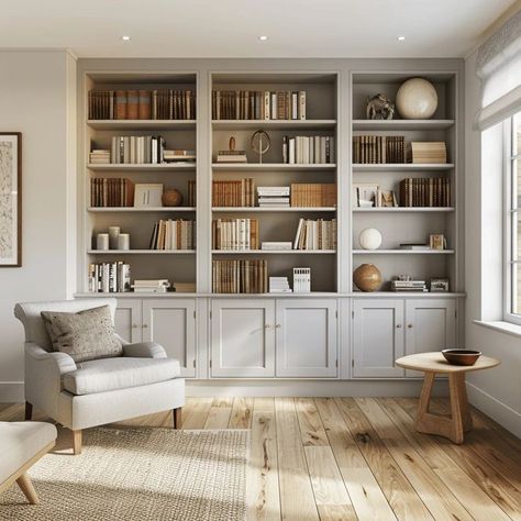 Modern Cottage Living Room, Bookshelves Living Room, Built In Shelves Living Room, Living Room Built Ins, Bookshelves In Living Room, Living Room Design Ideas, Home Library Design, Cottage Living Rooms, Room Design Ideas