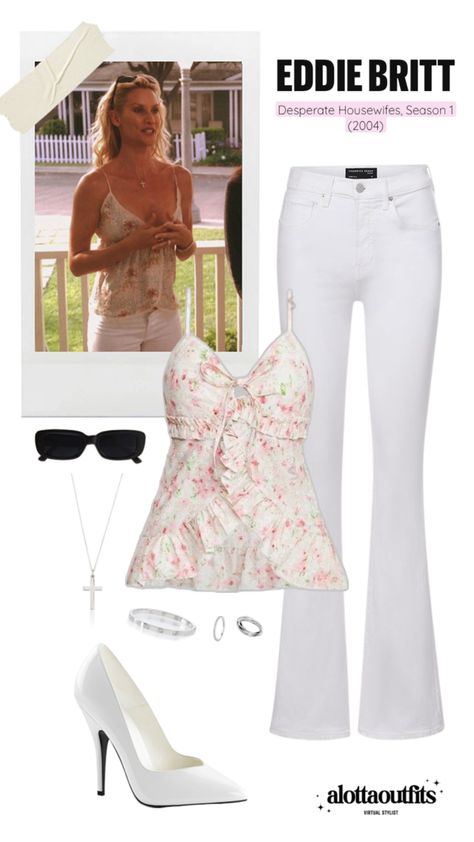 Eddie Britt inspired outfit featuring a floral peplum sleeveless top, white jeans and bold accessories Confident Outfits, Edie Britt, Confident Outfit, Desperate Housewives, Summer Lookbook, Glamorous Style, Girl Fits, Simple Trendy Outfits, Going Out Outfits