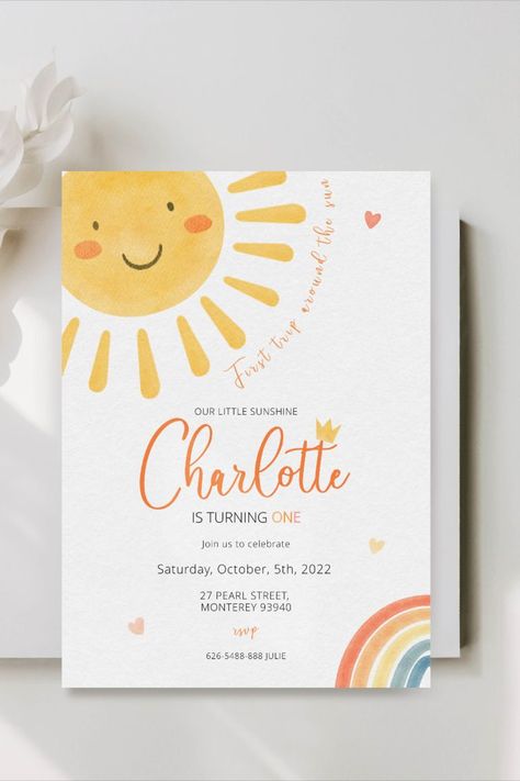 Sunshine Birthday Theme, Sun First Birthday, Sunshine Birthday Invitation, Sunshine 1st Birthday, Daisy Invitations, Sunshine First Birthday, Kids Party Inspiration, Sunshine Birthday Parties, Baby Birthday Card