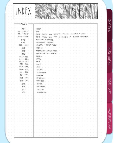 Organisation, Journal Index Page, Bullet Journal Index Layout, Index Page Ideas, Bullet Journal Index Page, Diy Bullet Journal, Index Journal, Bullet Journal Mental Health, Bullet Journal Index