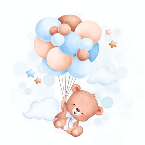 Watercolor illustration cute baby bear f... | Premium Vector #Freepik #vector #watercolor-bear #watercolor-stars #cute-watercolor #watercolor-baby Idee Babyshower, Teddy Bear Party, Boy Baby Shower Ideas, Bear Invitations, Baby Shower Invitaciones, Illustration Cute, Baby Shawer, Bear Illustration, Bear Theme