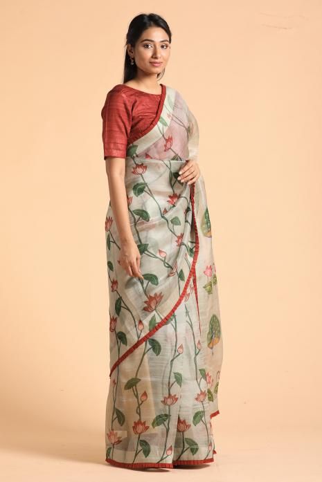 LABEL PRATHAM - Organza Pichwai Sarees - Handwoven Organza Pichwai Saree Pichwai Saree, Saree Painting Designs, Saree Painting, Floral Print Sarees, Fabric Painting On Clothes, Cutwork Blouse Designs, Organza Silk Saree, Pichwai Paintings, Hand Painted Sarees