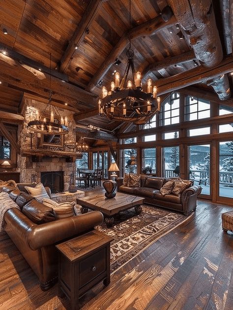 Myths About Rustic Interior Design: Grand Lodge-Style Living Room with Exposed Beams and Cozy Firepl Large Rustic Living Room, Timberframe Interiors Rustic, Old Rustic House Interior Design, Rustic Open Kitchen And Living Room, Cool Cabin Interiors, Cute House Interior Living Room, Cedar Wood Walls Living Room, Lodge Interior Design Rustic, Rustic House Inspiration