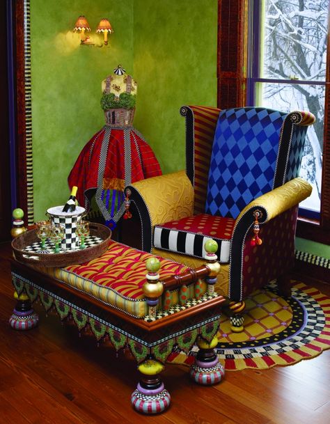 Modern Folk Art of MacKenzie-Childs | Decor Girl Mackenzie Childs Furniture, Mackenzie Childs Inspired, Whimsical Painted Furniture, Mckenzie And Childs, Modern Folk Art, Whimsical Furniture, Painted Chairs, Funky Painted Furniture, Funky Furniture