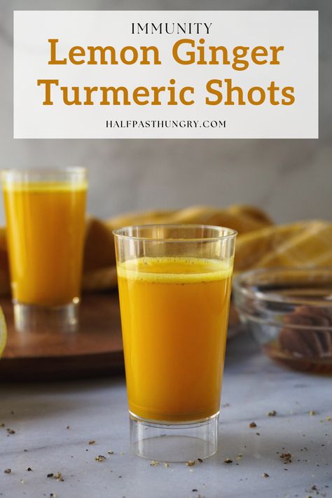 Ditch all the expensive immunity boosting shots at juice bars and health-food stores and make your own healthy drink. Give your body a boost and jumpstart your day with immune-boosting vitamins and minerals with this Lemon Ginger Turmeric Shots. It has anti-inflammatory, antioxidant and immune-boosting benefits from the lemon, turmeric and ginger. Lemon Ginger Turmeric Shots, Ginger Shots Recipe, Ginger Turmeric Shots, Lemon Ginger Turmeric, Immunity Drink, Ginger Shot Recipe, Lemon Shots, Ginger Shots, Turmeric Drink