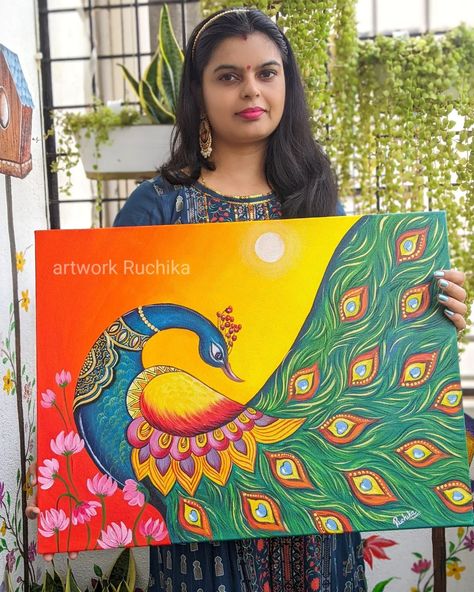 Sold 🔴 Peacock Lippan art.DM for buy ! size is 12 x 18 inches, Full video on my YouTube channel 👉 artwork Ruchika… | Instagram Canvas Painting For Competition, Painting Ideas Peacock, Peacock Painting Easy, Peacocks Paintings, Peacock Painting Acrylic, Peacock Lippan Art, Peacock Canvas Painting, 2024 Rangoli, Peacock Drawing With Colour