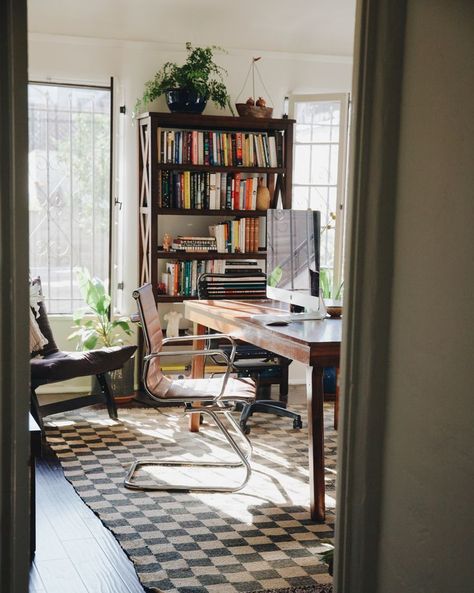 Checkerboard rug from Forsyth Art, leather office chair Checkerboard Rug, Leather Office, Leather Office Chair, Office Chair, Work Space, Home Office, Rug, Leather, Home Decor