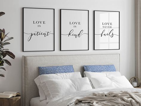 Modern christian art of bible verse Love is that would look great above a bed in any Christian Bedroom especially styled in Farmhouse Decor. Scripture Quote of 1 Corinthians 13 reads Love is Patient, Love is Kind, Love Never Fails. Upon purchase you will receive Digital Printable Files in a range of different sizes immediately to decorate your Bedroom or give as a cute gift to a loved one today! Bedroom Wall Decor Above Bed, Modern Christian Art, Bedroom Quotes, Christian Home Decor, Christian Home, Verse Wall Art, Farmhouse Bedroom Decor, Above Bed, Christian Decor