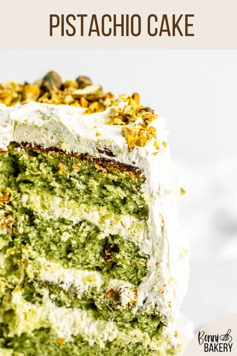 Gorgeous green and fluffy pistachio cake with a pistachio italian meringue buttercream. Made with real crushed pistachios and pistachio paste in both the cake and the frosting. Elegant and impressive for birthdays, events or a dinner party. Natural ingredients, unbelievable pistachio flavour. One of my favourite cake recipes on the baking blog. #pistachio #bakingblog #foodphotography #italianmeringuebuttercream #pistachiorecipes #nutrecipes Pistachio Frosting Recipe, Pistachio Cake Filling, Pistachio Paste Recipe, Pistachio Pudding Cake, Moose Cake, Pistachio Cake Recipe, Pistachio Paste, Italian Meringue Buttercream, Pistachio Dessert