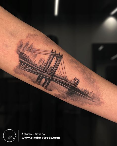 On the brooklyn bridge, you have yourself Bridge Tattoo, Colour Tattoos, Brooklyn Tattoo, New York Tattoo, Nyc Tattoo, Custom Tattoos, Circle Tattoo, Tattoo Prices, Arm Band Tattoo