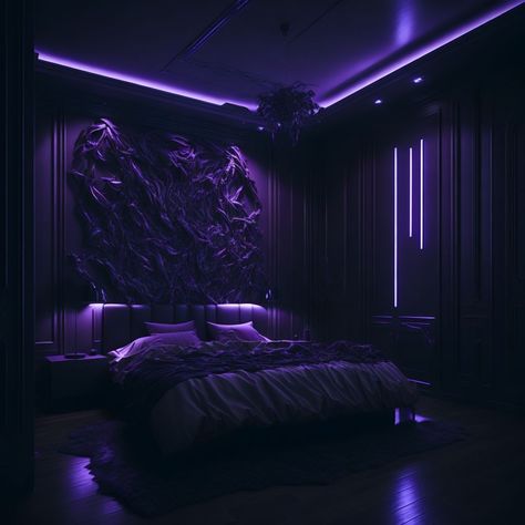 Black And Purple Bedroom, Purple Themed Bedroom, Futuristic Bedroom, Beautiful Bed Designs, Castle Rooms, Bedroom Purple, Black Bedroom Design, Neon Bedroom, Purple Bedrooms