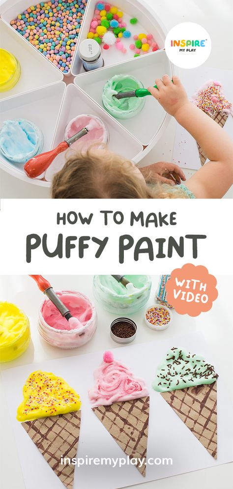 How to make puffy paint - easy recipe for kids – Inspire My Play Preschooler Painting Ideas, Puff Paint Ice Cream Cone, Fun Painting Activities For Preschool, Pom Pom Painting Preschool, Montessori, How To Make Fluffy Paint, Making Puffy Paint, Summer Kindergarten Crafts Art Projects, Puffy Paint Farm Animals