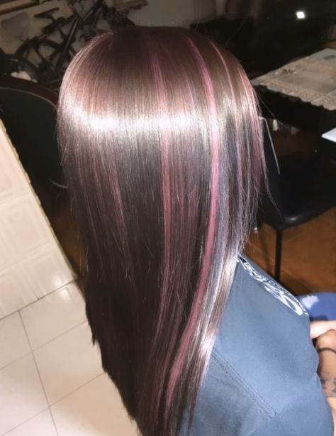 Light Pink Hair Underneath, Brown Hair With Subtle Pink Highlights, How To Dye Highlights At Home, Hair Inspo Color Purple, Dark Brown Hair With Pink Streaks, Skunk Stripe Hair Pink, Pastel Highlights On Dark Hair, Black Hair Pink Streaks, Pink Streaks In Brown Hair Underneath