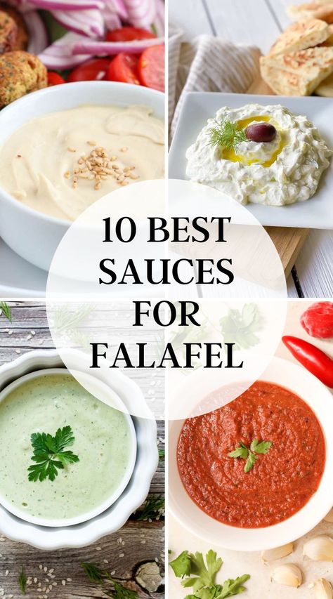 four photos of sauces for falafel: tahini, tzatziki, creamy herb sauce and red chilli sauce. Falafel Sauce Recipe, Best Sauce Recipes, Falafel Sauce, Falafel Recept, Best Falafel, Best Sauces, Greek Sauce, Best Sauce Recipe, Falafel Sandwich