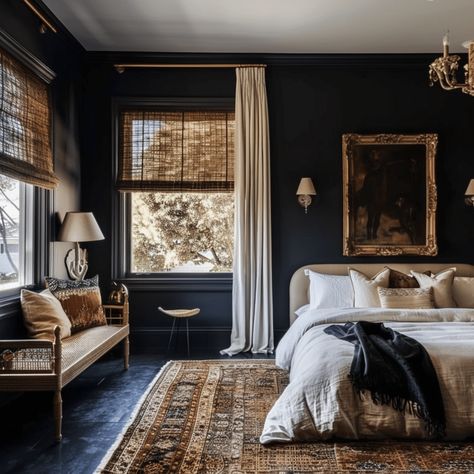 Dark Blue Bedroom Furniture Ideas, Black Feminine Bedroom, Dark Feminine Luxury Aesthetic, Dark Room Bedding Ideas, Moody Master Bedding Ideas, Dark Moody Bedroom Bedding, Moody Bedroom Mood Board, Dark Blue House Interior, Black Primary Bedroom