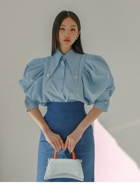 Women Blouses Fashion Classy, Korean Clothing Brands, Puff Blouse, Luxury Clothing Brands, Women Blouses Fashion, Big Collar, Fashion Hacks Clothes, Women Blouses, Looks Chic