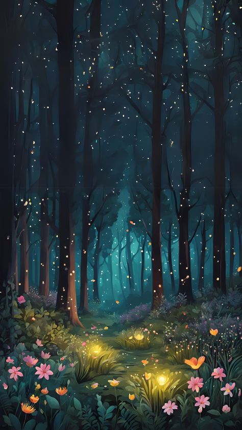 Forest Bg Illustration, Enchanted Forest Wallpaper Iphone, Firefly Forest Painting, Forest At Night Illustration, Night Forest Drawing, Fantasy Forest Illustration, Enchanted Forest Aesthetic Wallpaper, Forest At Night Painting, Background Forest Illustration