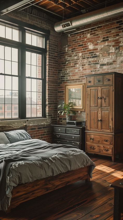 Industrial Bedroom Ideas - Remodr Bedroom Decor Industrial Modern, Industrial Interior Design Bedroom, Industrial Bedroom Ideas, Industrial Modern Bedroom, Eclectic Industrial, Creative Headboard, Industrial Bedroom Design, Industrial Style Bedroom, Distressed Wood Furniture