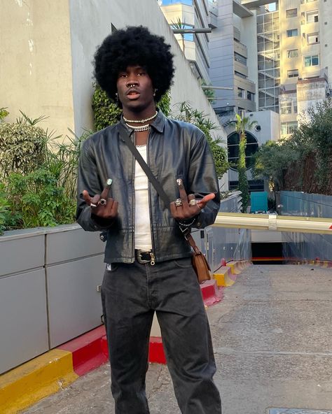 Black 80s Fashion Men, Black Alt Outfits Men, Afro Outfits Street Style Natural Hair, Black Punk Outfits Men, Punk Rock Outfits Male, Afro Goth Male, Black Men Alternative Fashion, Earthy Aesthetic Outfits Men, Gay Black Man Outfits