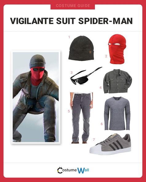 The best costume guide for dressing up like Dress up like the Vigilante Spider-Man, the early suit that Peter Parker wore. after being bit. Peter Parker Outfit Ideas Andrew, Spiderman Costume Ideas, Vigilante Suit Design, Miles Morales Spiderman Costume, Spiderman Suit, Spider Man Costume, Parker Outfit, Spiderman Mask, Parker Spiderman