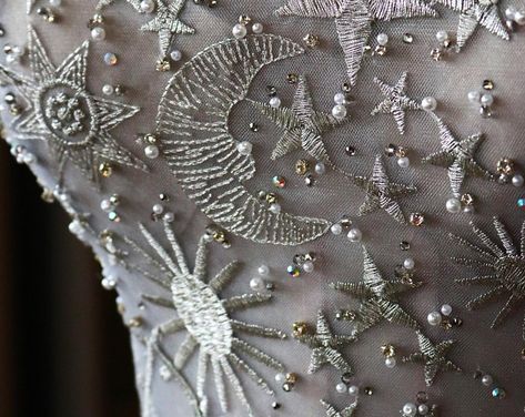 Celestial Dresses, Folklore Wedding, Marriage Renewal, Dark Celestial, Witchy Wedding, Celestial Wedding Theme, Embroidered Wedding Gown, Retro Things, Galaxy Wedding