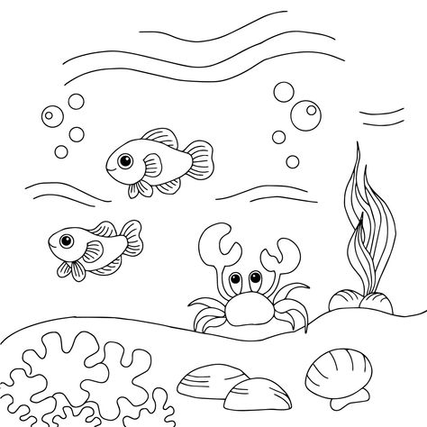 Design Vector Fish Under Sea Coloring Page for Kid Under The Sea Drawings, Fish Under The Sea, Ocean Coloring Pages, Ocean Drawing, Sea Drawing, Under Sea, Sea Pictures, Free Coloring Sheets, Beautiful Art Paintings