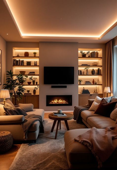 Cozy Lighting Living Room Fireplace Spot Lighting, Lounge Room Lights, Strip Lighting Living Room, Lighting For Tv Room, Floor Uplighting Living Room, Alcove Lighting Living Room, Room Strip Lights, Lounge Room Lighting, Living Room Indirect Lighting