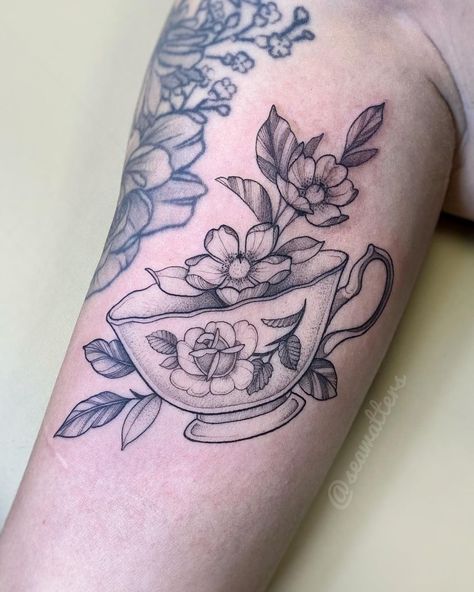 teacup tattoo • Instagram Teacup And Flowers Tattoo, Fairy In A Teacup Tattoo, Stack Of Teacups Tattoo, Fineline Teacup Tattoo, Vintage Tattoo Ideas For Women, Cup Of Ambition Tattoo, Floral Teacup Tattoo, Teacup With Flowers Tattoo, Teapot And Teacup Tattoo