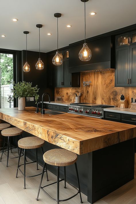 Discover the latest kitchen design with a stunning blend of wood and black finishes. This modern setup brings elegance and warmth to your home. Perfect for cooking and entertaining! #kitcheninspiration #homedecor #interiordesign Black N Wood Kitchen, Black And Wood Interior Design Modern, Home Interior Design Black And Wood, Wood House Kitchen Ideas, Black And Oak Interior, Modern Earthy Kitchen Design, Black Kitchen Walls Oak Cabinets, Swiss Chalet Kitchen, Mountain Modern Kitchen Cabinets