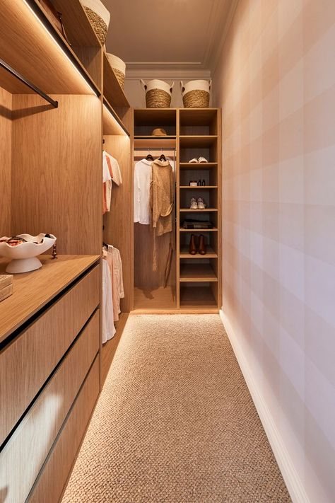 modern walk-in wardrobe with timber joinery, gingham wallpaper and led strip lights Small Walk In Wardrobe, Narrow Closet Design, Narrow Closet, Walk In Closet Small, Bedroom Built In Wardrobe, Bedroom Closet Storage, Closet Design Layout, Walk In Closet Design, Closet Layout