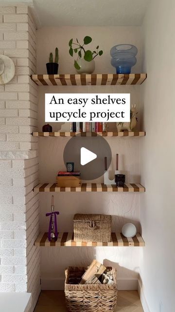 Jane Rockett on Instagram: "Seeing stripes in @aimabledesordre gorgeous abode! 🤎🤍 Love the clever and creative idea of wood staining the shelving … the finished result is gorgeous 🤩 What do you think?  . . . #shelving #creativeideas #diy #diyshelves #shelfie #creativehomedecor #creativehomeideas #myhomevibe #rockettstgeorge #iloverockettstgeorge #makeeverythingbeautiful #surroundyourselfwiththethingsyoulove #homedecor #howivintage #diyhomedecor #diyprojects #homedecorideas #homestyling #myabode #homerenovationideas #livingroomideas #livingroominspiration #livingroomstyle #upcycle #upcycling oming" Shelf Cover Diy, Painted Shelves, Wood Staining, Creative Upcycling, Easy Shelves, Desk Nook, Shelf Cover, Diy Staining, Desk Makeover