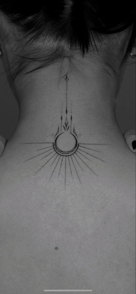 Air Tattoo Ideas Symbols, Raising Woman Symbol Tattoo, Center Of Neck Tattoo, Feminine Rising Tattoo, Lotus Sun Moon Tattoo, Rising Woman Tattoo Ideas, Back Tattoo Meaningful, Minimalist Tattoo Back Women, Rising Woman Symbol Tattoo Sternum