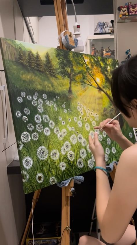 Wenn | I change the tittle from "Meadow in the Morning" into "Dandelion in the Morning" 😄🤍 Acrylic painting #acrylicpainting #paintingoftheday… | Instagram Dandelion Painting Acrylic, Dandelions Painting, Painting Dandelions, Gouache Ideas, Dandelion Painting, Meadow Painting, Sunrise Painting, Paint Canvas, Online Painting