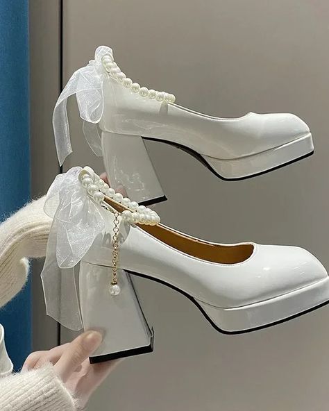 Link in bio. #shoes #shopping #sale #aliexpress #foryou Thick Heel Shoes, Pearl Sandals, Wedding Shoes Lace, Elegant High Heels, White Wedding Shoes, Elegant Heels, White Shoes Women, Mary Jane Heels, Black Women Fashion