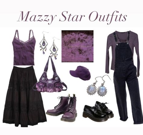 Mazzy Star Purple Outfits, Mazzy Star Clothes, Shoegaze Clothes, Mazzy Star Fashion, 90s Looks Grunge, Cultcore Fashion, 90s Grunge Whimsigoth, Purple Star Outfit, Rock Music Outfit